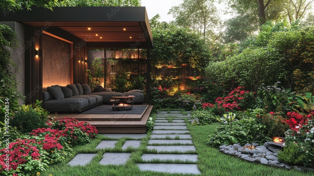 Charming outdoor retreat featuring inviting seating, lush shrubs, twinkling lights, perfect for relaxation and gatherings Charming outdoor retreat featuring inviting seating, lush shrubs, twinkling lights, perfect for relaxation and gatherings