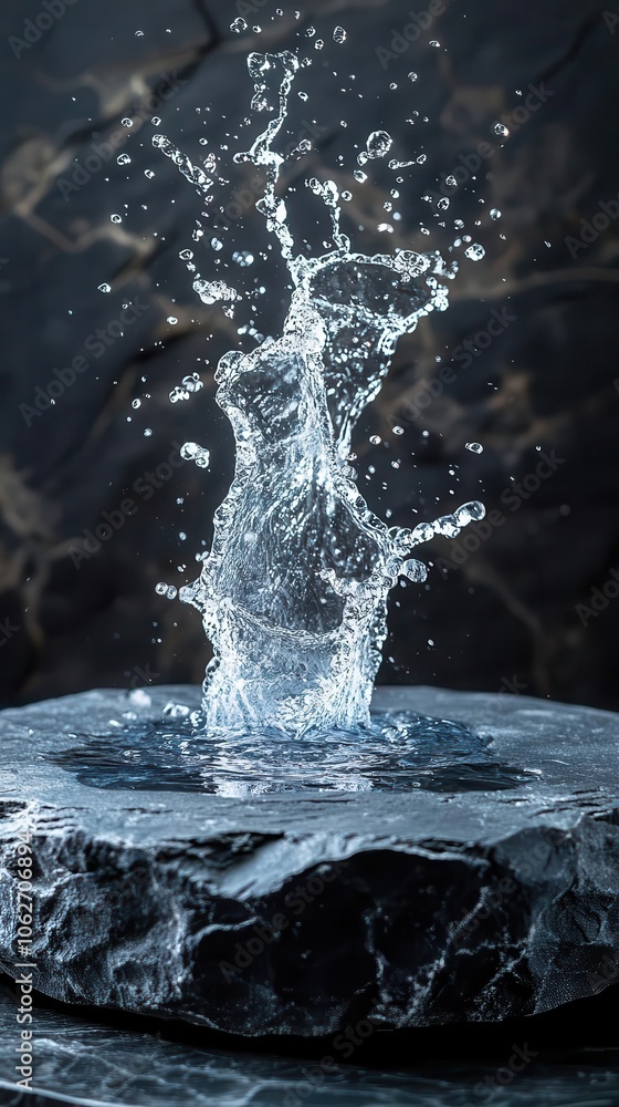 black stone podium dramatically splashing water creating a captivating effect for product showcase emphasizing elegance and sophistication in a minimalistic highend presentation black stone podium dramatically splashing water creating a captivating effect for product showcase emphasizing elegance and sophistication in a minimalistic highend presentation
