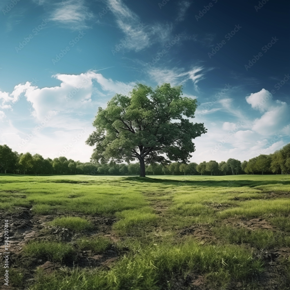 Obraz premium Big tree under blue sky and white clouds
