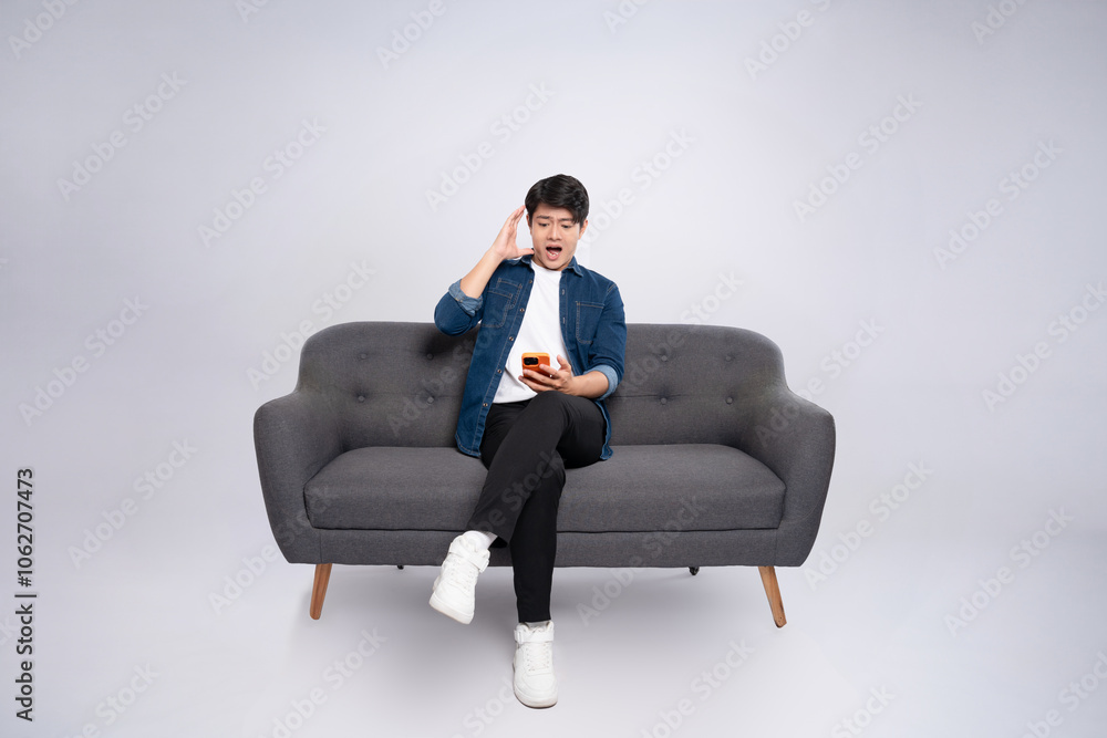 Full body image of young Asian man using phone sitting on sofa on white background Full body image of young Asian man using phone sitting on sofa on white background
