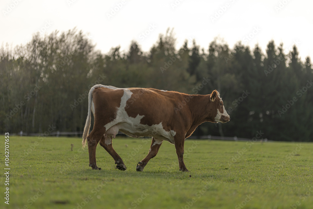 Close up profile portrait of cow. Calm animal taken from below. Side face