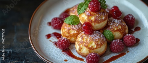 Danish æbleskiver served on a white plate, elegantly simple, minimal garnish, inviting and appetizing presentation photo