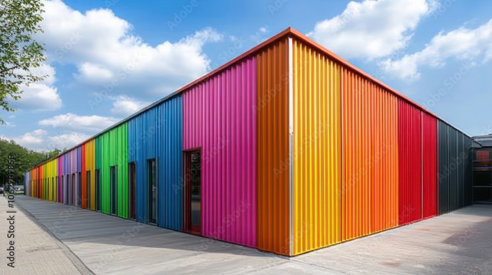 A modern building with a colorful facade, featuring vibrant stripes of red, orange, yellow, green, blue, and purple, with a clear blue sky and white clouds in the background. A modern building with a colorful facade, featuring vibrant stripes of red, orange, yellow, green, blue, and purple, with a clear blue sky and white clouds in the background.
