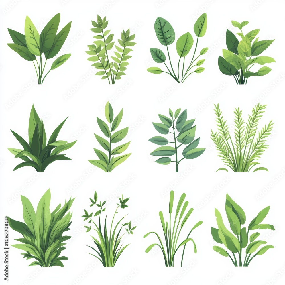 This image features nine watercolor illustrations of tropical plants, each featuring a unique arrangement of lush foliage This image features nine watercolor illustrations of tropical plants, each featuring a unique arrangement of lush foliage