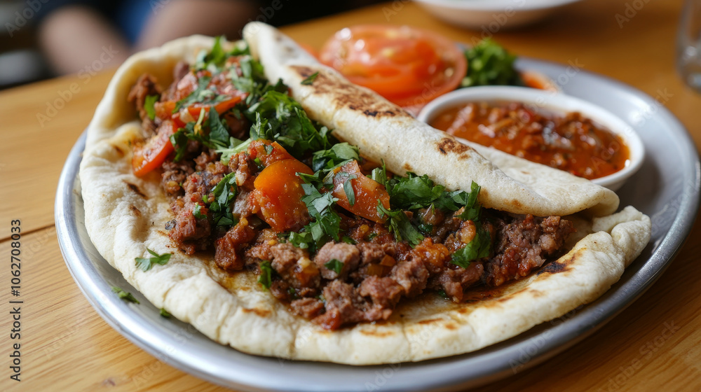 A tasty Turkish flatbread wrap filled with savory kebab meat. It's a classic Mersin street food called tantuni. A tasty Turkish flatbread wrap filled with savory kebab meat. It's a classic Mersin street food called tantuni.
