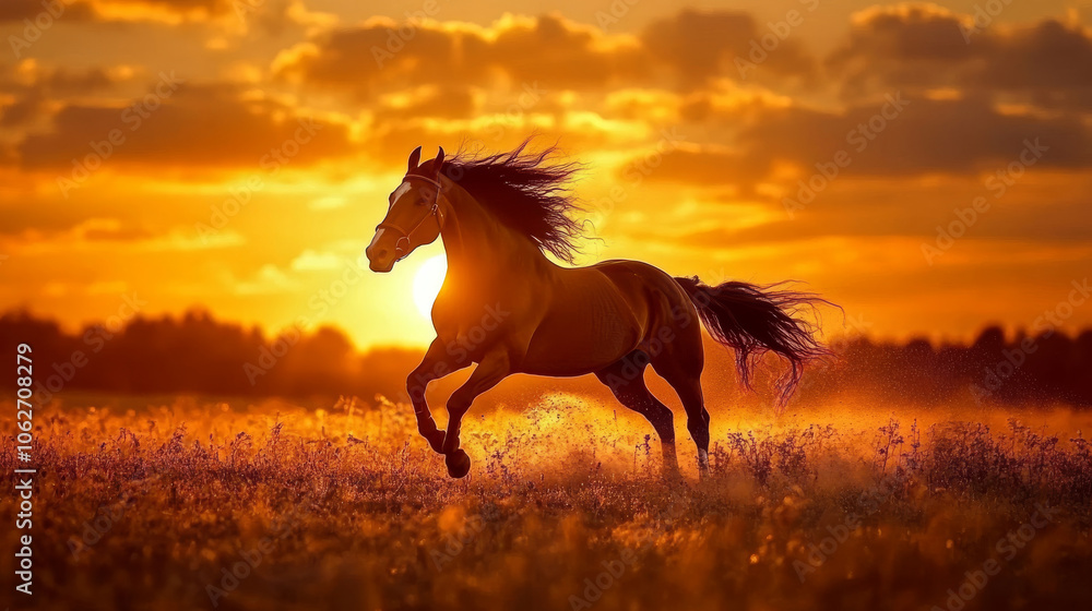 A horse gallops across a field as the sun sets. A horse gallops across a field as the sun sets.