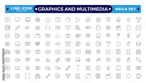 Graphics and Multimedia icon set. Set of cinema, movie, video icons, collection film, TV. Popcorn box package Big movie reel. Graphic design, creative package. Editable stroke outline icon.