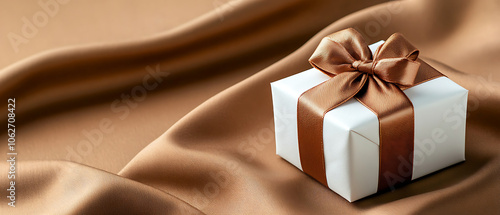 Elegant gift box wrapped in satin ribbon on luxurious fabric background for special occasions and celebrations