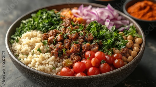 Koshari Delight, a bowl of layered Egyptian koshari with lentils, rice, pasta, and minimal garnish against a clean backdrop