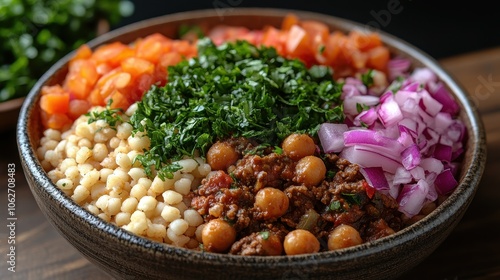 Koshari Delight, traditional Egyptian dish served in a bowl, featuring layered lentils, rice, pasta, and tomato sauce, simple and inviting presentation