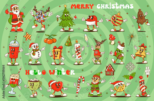 Groovy Christmas characters in retro cartoon for winter holiday, vector emoji. Groovy Santa with funny Christmas tree and funky snowman with happy smile, New Year decorations and funky elf with deer