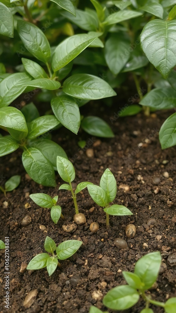 Coffee bean seedlings sprouting from the rich soil, surrounded by lush green foliage, symbolizing the concept of growth and new beginnings, seedlings, new beginnings, Trees Coffee bean seedlings sprouting from the rich soil, surrounded by lush green foliage, symbolizing the concept of growth and new beginnings, seedlings, new beginnings, Trees