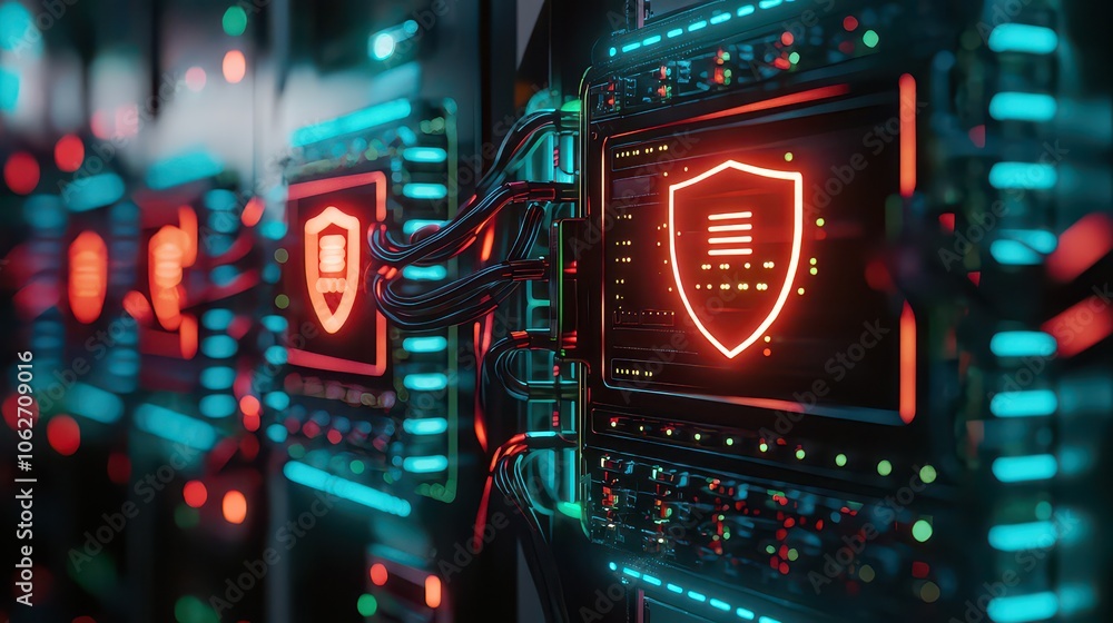 Fototapeta premium Network server room with glowing firewall symbols. secure data systems.