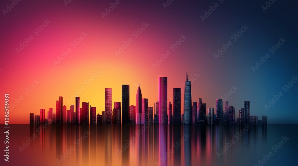 Fototapeta premium City skyline silhouette at sunset, vibrant colors reflecting on the water.