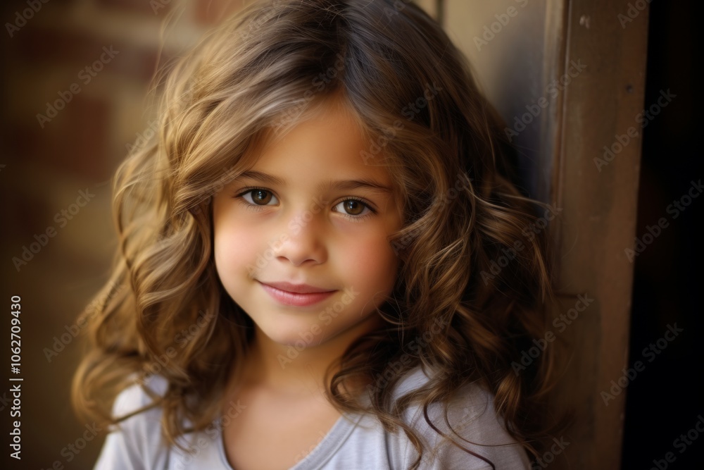 Portrait of a cute little girl with long curly hair looking at camera Portrait of a cute little girl with long curly hair looking at camera