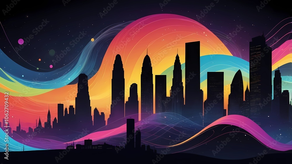 City skyline buildings from silhouette shapes against the background sky in with full color City skyline buildings from silhouette shapes against the background sky in with full color