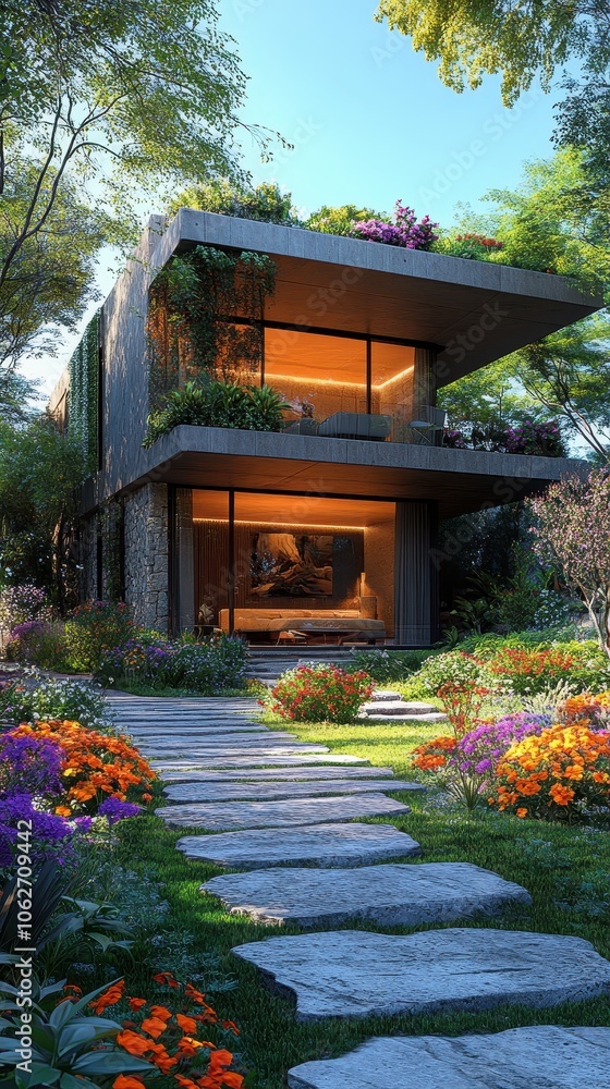Serene entrance garden featuring a stone pathway, vibrant flowering plants, complemented by a minimalist house facade Serene entrance garden featuring a stone pathway, vibrant flowering plants, complemented by a minimalist house facade