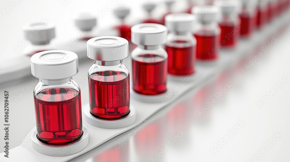 Vials of red liquid on a laboratory counter, showcasing biotechnology or medical research themes. Vials of red liquid on a laboratory counter, showcasing biotechnology or medical research themes.
