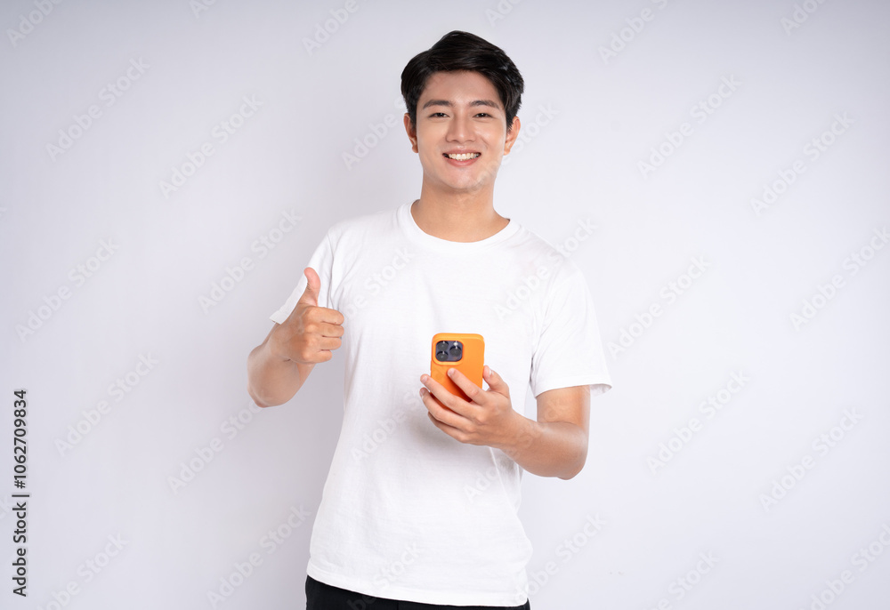 Portrait of young asian man using phone on white background
Portrait of young asian man using phone on white background
