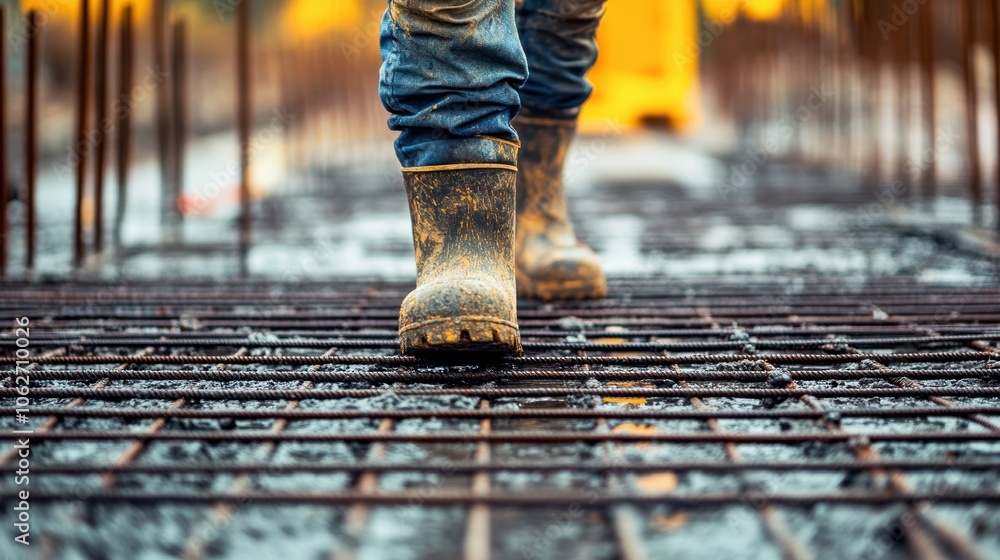 A construction worker's boots walking on steel rebar at a construction site, showcasing hard work and dedication.