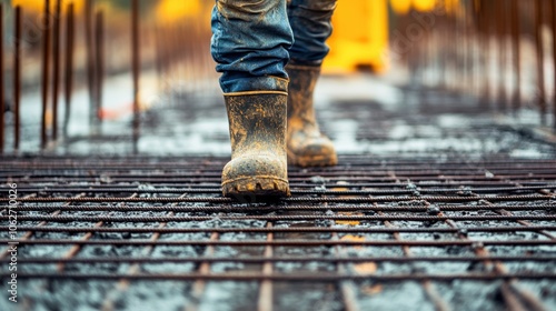 Obraz na płótnie A construction worker's boots walking on steel rebar at a construction site, showcasing hard work and dedication. w salonie