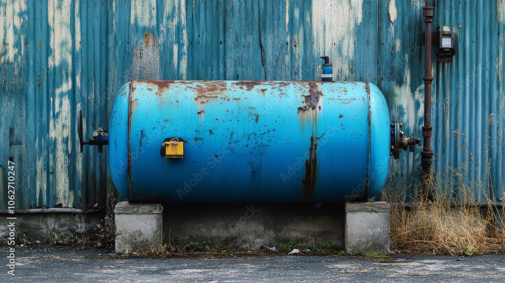 A blue gas tank. A blue gas tank.