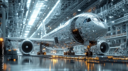 A futuristic airplane sits in a hangar. It is surrounded by complex machinery and lighting.