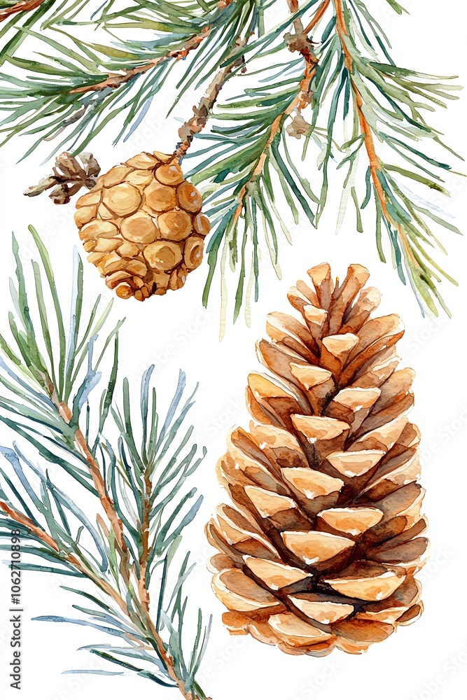 Fototapeta premium Holiday watercolor card collection with painted pinecones and cedar branches, artistically arranged, gentle color palette