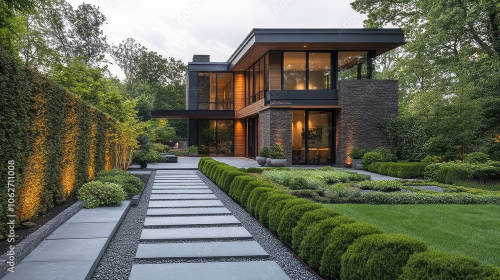 Serene garden retreat featuring structured hedges, soft ambient lighting, contemporary home facade, inviting and tranquil atmosphere Serene garden retreat featuring structured hedges, soft ambient lighting, contemporary home facade, inviting and tranquil atmosphere