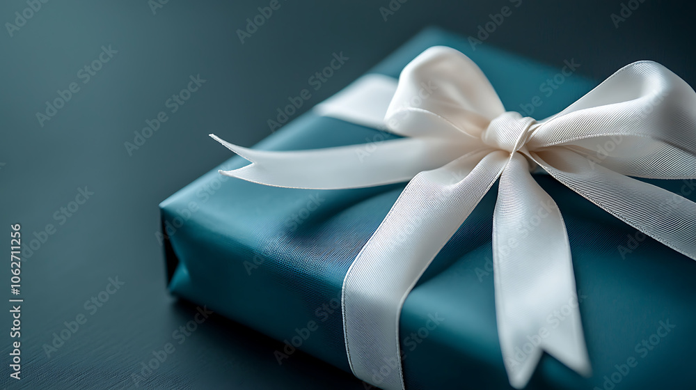 Elegant blue gift box tied with a white ribbon perfect for any special occasion or celebration Elegant blue gift box tied with a white ribbon perfect for any special occasion or celebration