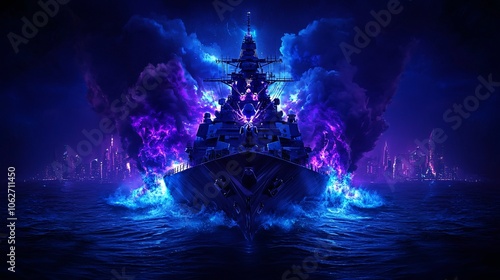 Experience the futuristic power of a sleek, armored naval destroyer in a stunning double-exposure artwork photo