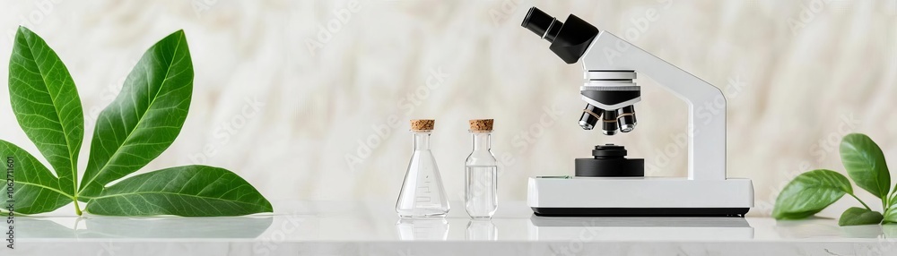 Microscope positioned on a white surface with glass beakers and green leaves in the background, ideal for science and research themes. Microscope positioned on a white surface with glass beakers and green leaves in the background, ideal for science and research themes.