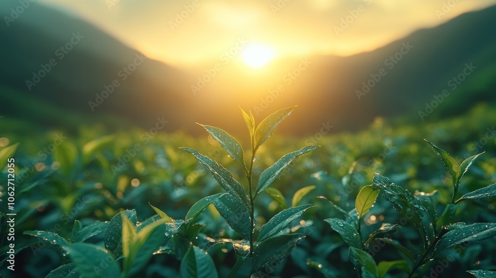Close-up view of a single tea plant with dew drops in a field of green tea plants at sunrise. Close-up view of a single tea plant with dew drops in a field of green tea plants at sunrise.