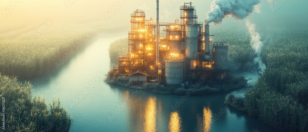 Sugar factory amidst lush sugarcane fields, sleek industrial design, elevated perspective, vibrant green landscape, pristine and organized environment Sugar factory amidst lush sugarcane fields, sleek industrial design, elevated perspective, vibrant green landscape, pristine and organized environment