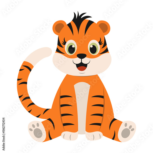 Cute Tiger Cartoon Character. Vector Illustration Isolated on White Background.