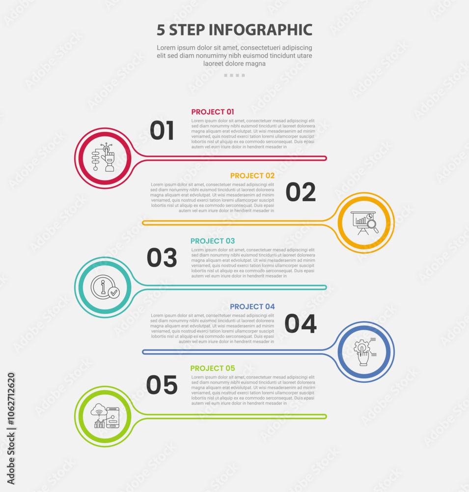 5 points template infographic outline style with 5 point step template with big circle and long line with opposite position for slide presentation