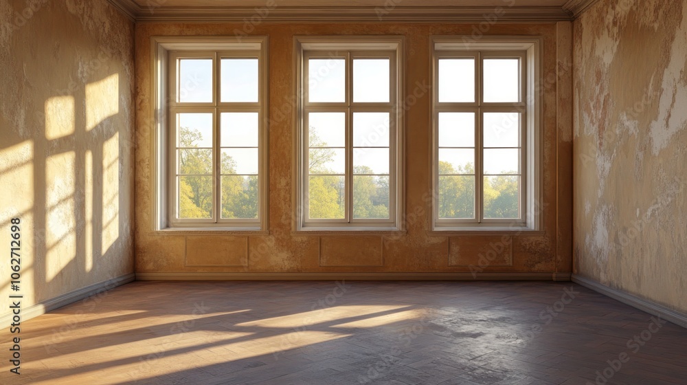 Obraz premium Empty room with three large windows looking out onto a tree-lined landscape. Sunlight streams in, casting shadows on the worn wooden floor.