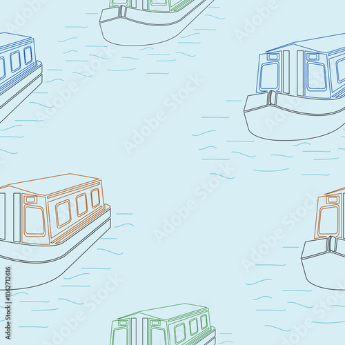 Editable Outline Three-Quarter Top Front Side Oblique View Canal Boat on Water Vector Illustration Seamless Pattern for Creating Background of Transportation or Recreation of United Kingdom or Europe