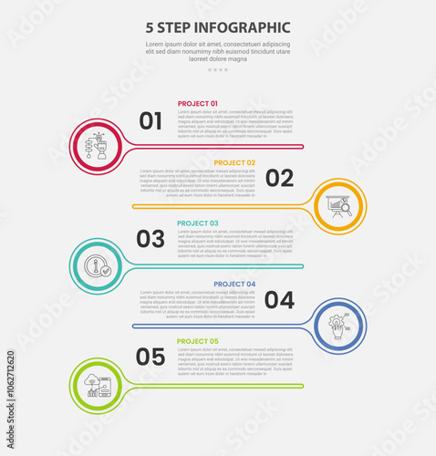 5 points template infographic outline style with 5 point step template with big circle and long line with opposite position for slide presentation