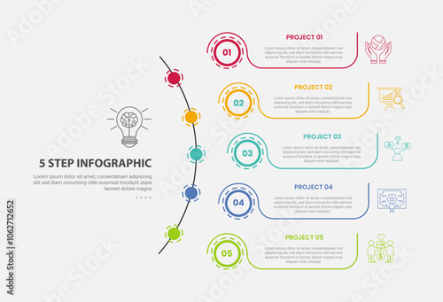 5 points template infographic outline style with 5 point step template with long half circle line with dotted circle line point for slide presentation