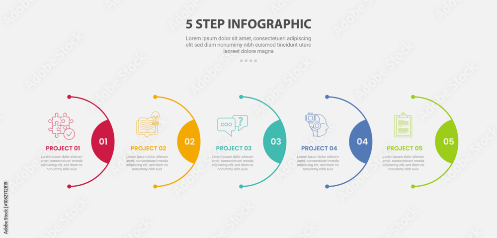 5 points template infographic outline style with 5 point step template with half circle line on horizontal right direction for slide presentation 5 points template infographic outline style with 5 point step template with half circle line on horizontal right direction for slide presentation