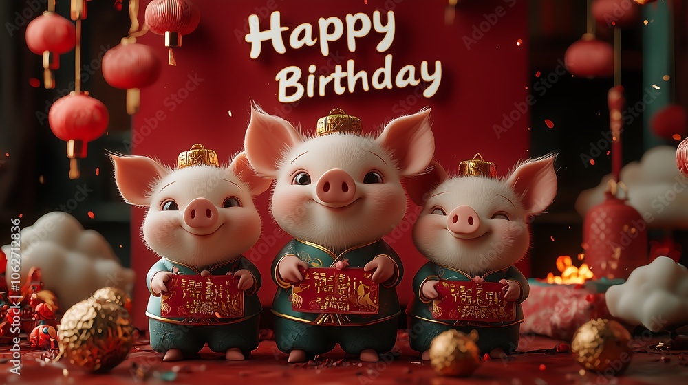 Obraz premium Colorful Birthday Celebration with Adorable Pigs and Bright Red Lanterns for a Special Day.Generative AI特別な日のためのかわいい豚と明るい赤い灯籠で飾られたカラフルな誕生日祝い
