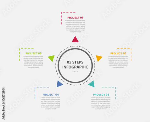 5 points template infographic outline style with 5 point step template with big circle center and small arrow spreading around for slide presentation