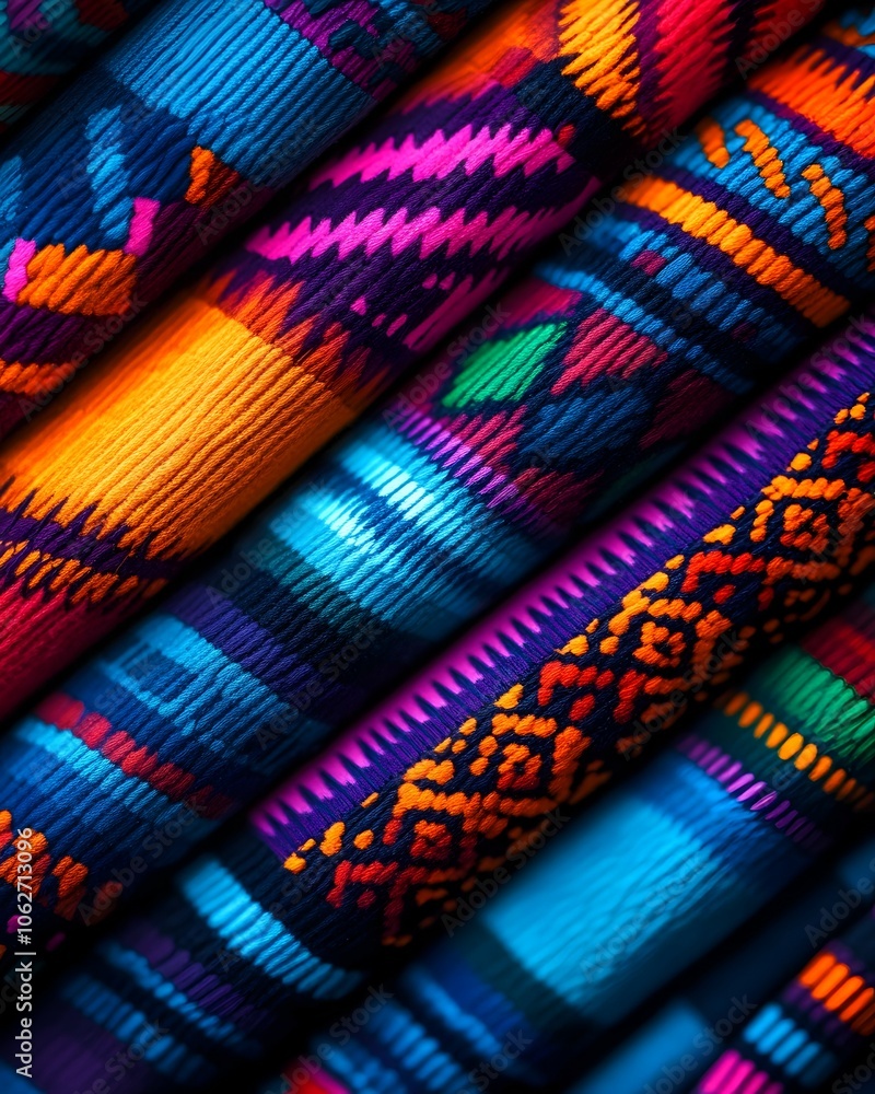 Close-up of vibrant, colorful woven fabric with intricate patterns. Close-up of vibrant, colorful woven fabric with intricate patterns.