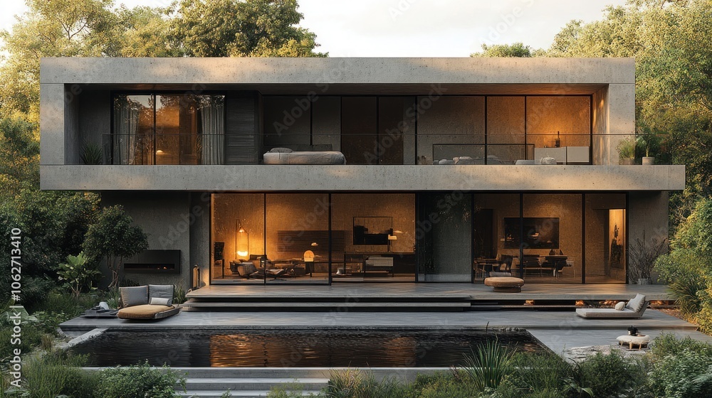 Modern house with large windows and a serene outdoor pool. Modern house with large windows and a serene outdoor pool.
