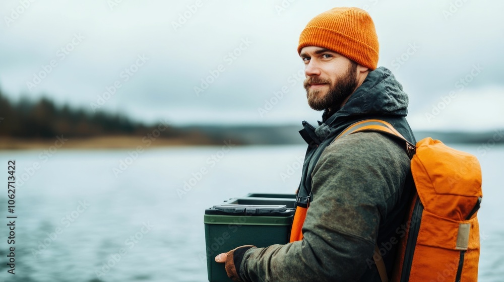 Experienced fisherman adjusts and prepares his tackle box on the peaceful shore of a serene lake getting ready to cast his line and enjoy the next chapter of his outdoor adventure Experienced fisherman adjusts and prepares his tackle box on the peaceful shore of a serene lake getting ready to cast his line and enjoy the next chapter of his outdoor adventure