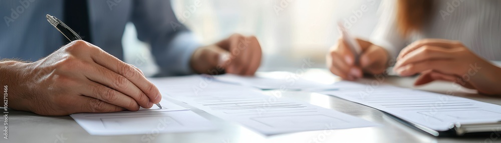 Two people engaged in a discussion, writing on documents at a table, capturing a collaborative work environment. Two people engaged in a discussion, writing on documents at a table, capturing a collaborative work environment.