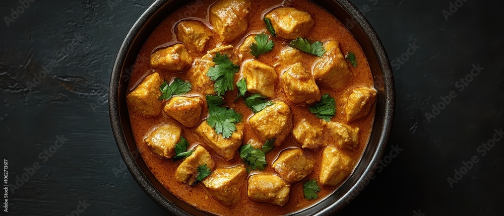 Vibrant Indian butter chicken served in a bowl, showcasing rich curry hues against a simple backdrop, emphasizing culinary artistry Vibrant Indian butter chicken served in a bowl, showcasing rich curry hues against a simple backdrop, emphasizing culinary artistry
