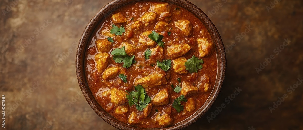 Vibrant Indian butter chicken served in a bowl, showcasing rich curry hues against a simple backdrop, emphasizing culinary artistry and flavor. Vibrant Indian butter chicken served in a bowl, showcasing rich curry hues against a simple backdrop, emphasizing culinary artistry and flavor.