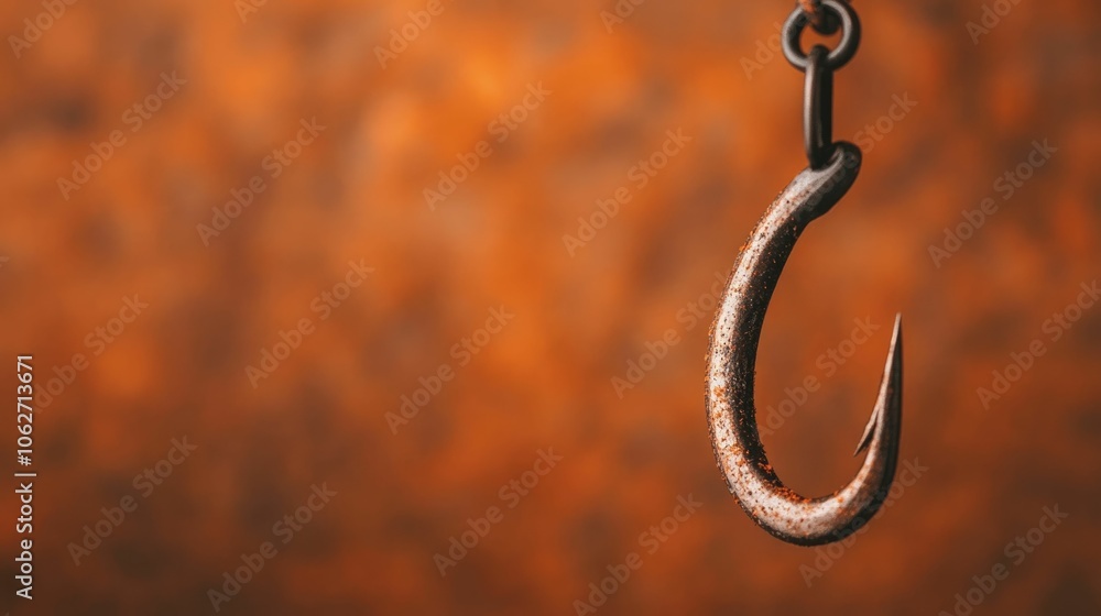 Obraz premium Close up image of a sharp metal fishing hook piercing through a live bait preparing for a deep cast into the water The image has a blurred abstract background with a warm orange color palette